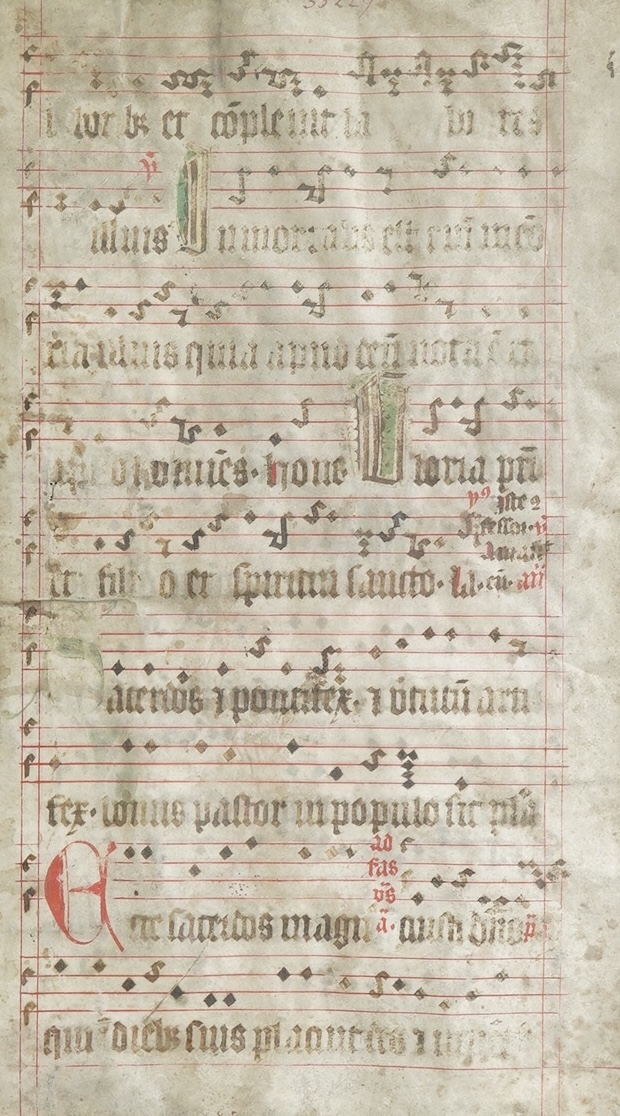 Single leaf from a processional antiphon, mensural notation; Southern German or Italian, third quarter of the 15th century